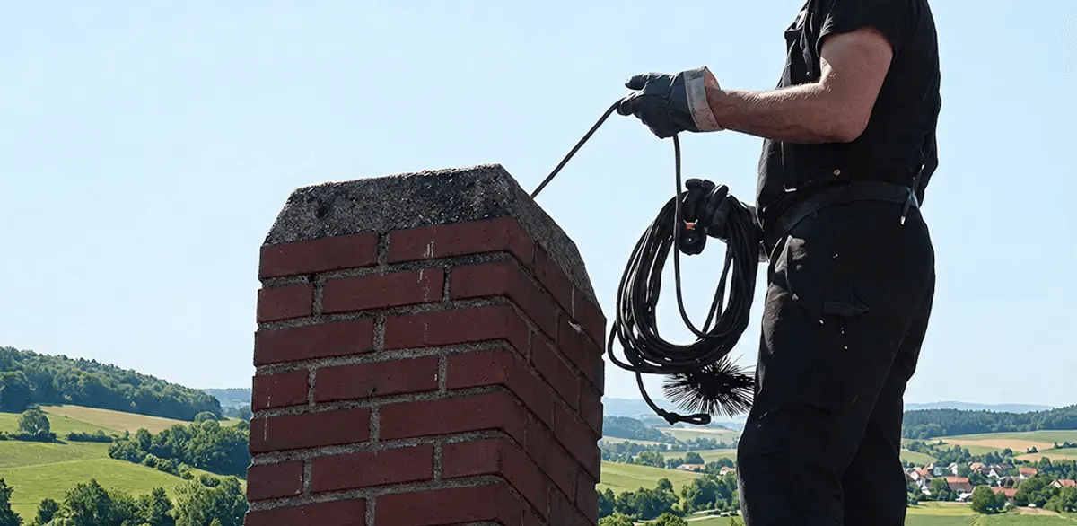 Chimney sweep inspecting and cleaning a rooftop chimney in Yonkers, NY