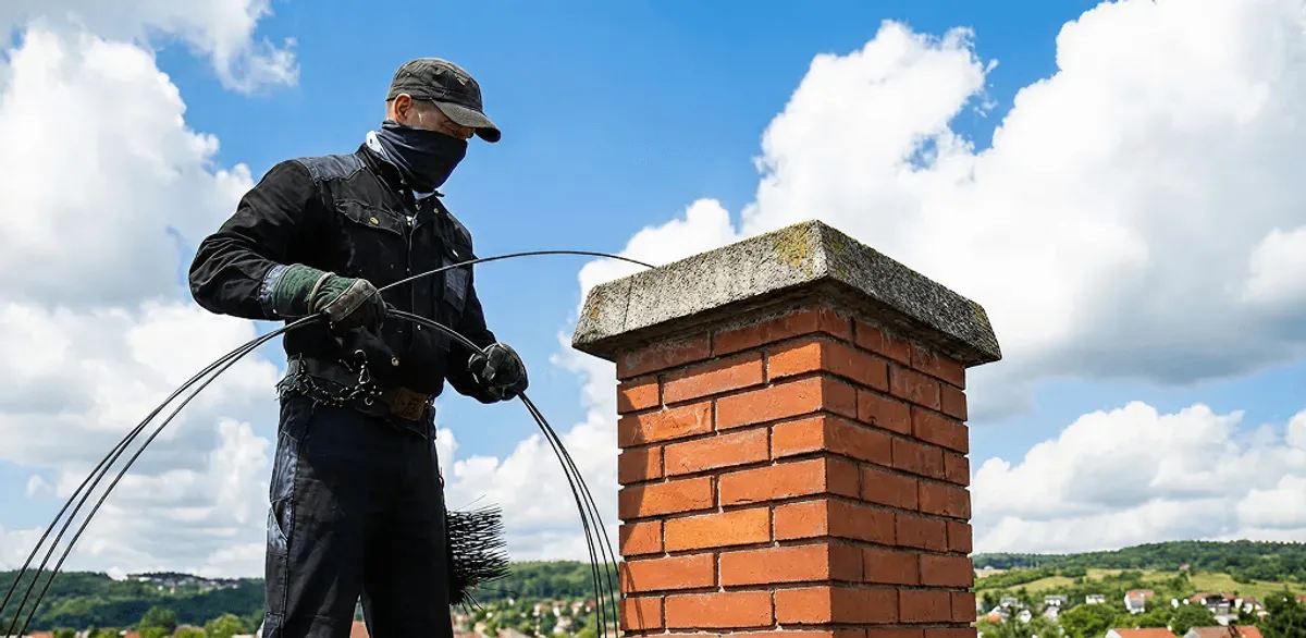 Chimney sweep cleaning a brick chimney with professional tools in Yonkers, NY