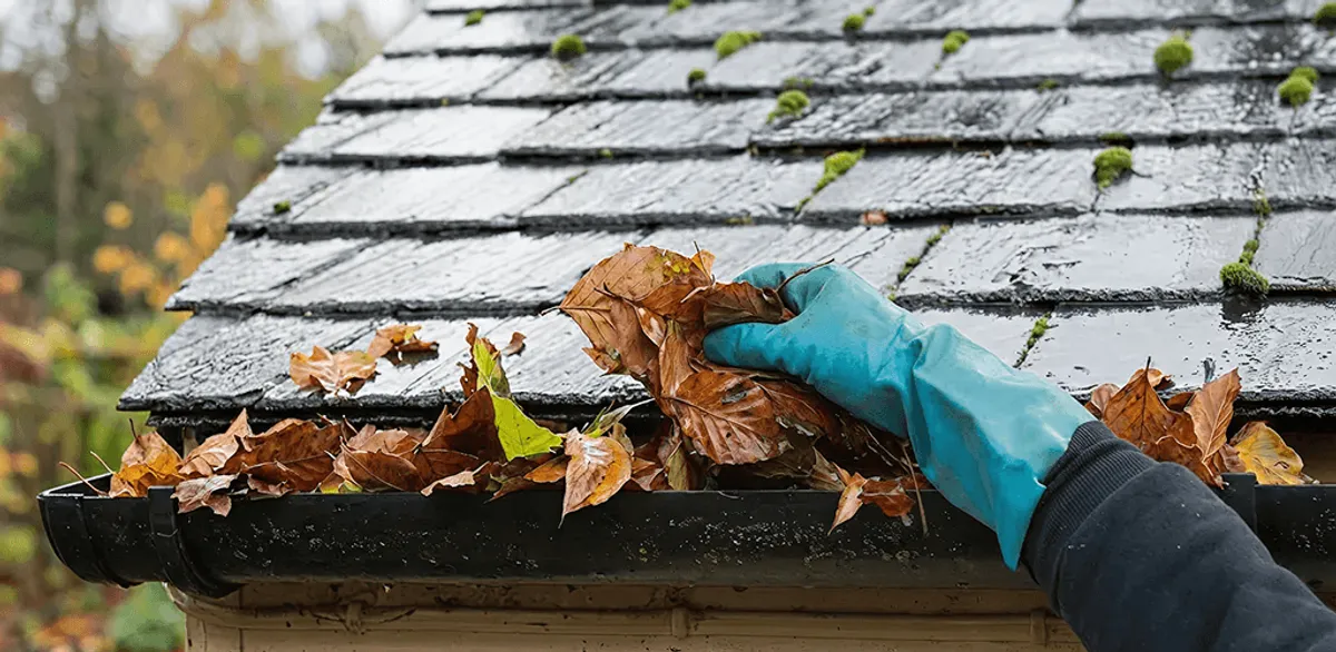 Gutter cleaning technician clearing wet leaves from roof gutters in Yonkers, NY